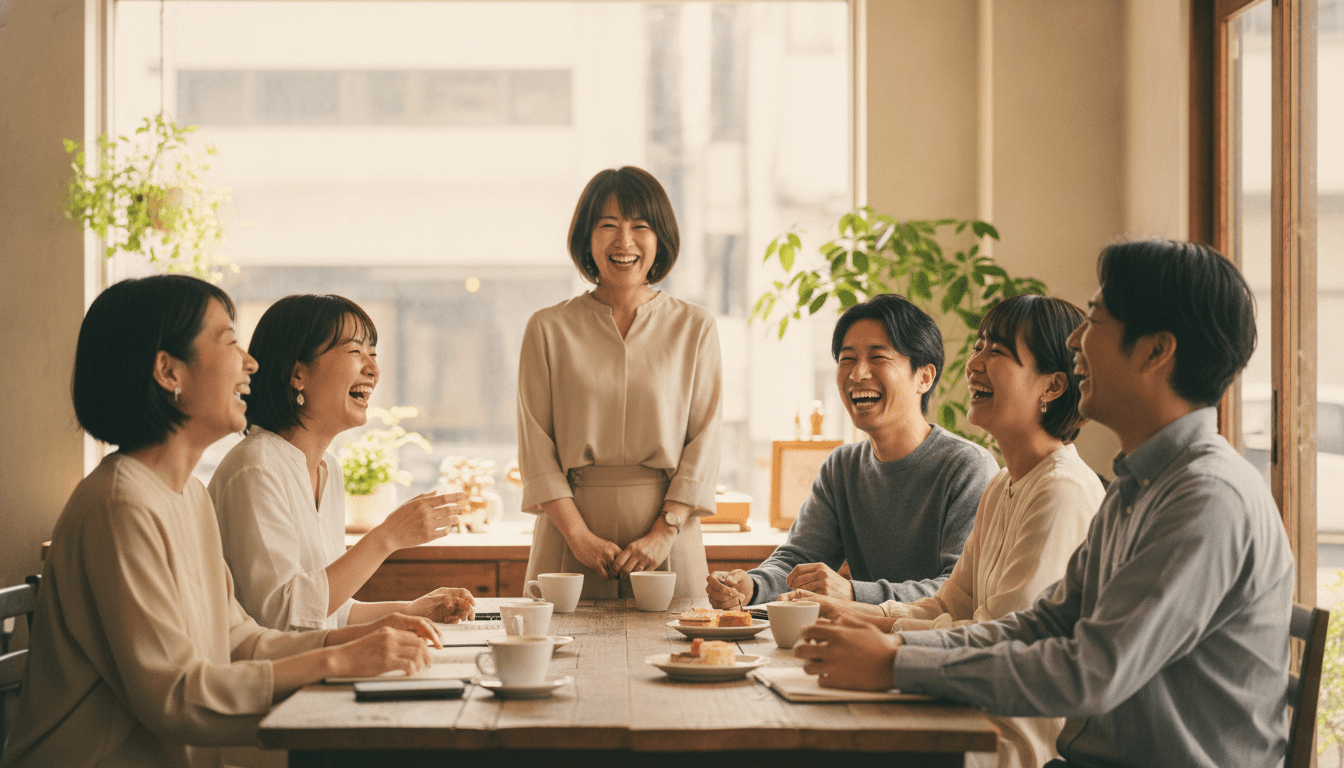 カフェのテーブルを囲んで笑う参加者と、立って見守るイベンター